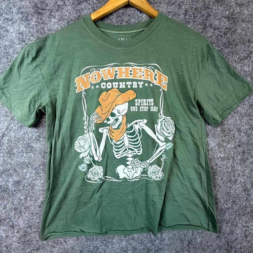 Nowhere Country Spirits Awake T Shirt Men XL Green Cotton Western Skeleton Roses